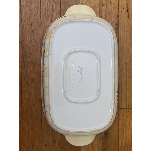 Gail Pittman Chelsea Hand Painted Stoneware Baking Dish  Iron Stand Floral Cream - Picture 3 of 6